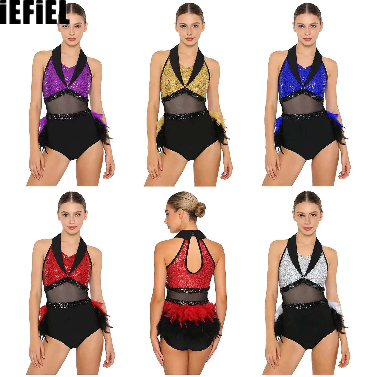 

Womens Rumba Cha-cha Dance Leotard Shiny Sequin Color Blocking Mesh Waist Feather Hem Cutout Jumpsuit Dance Costume