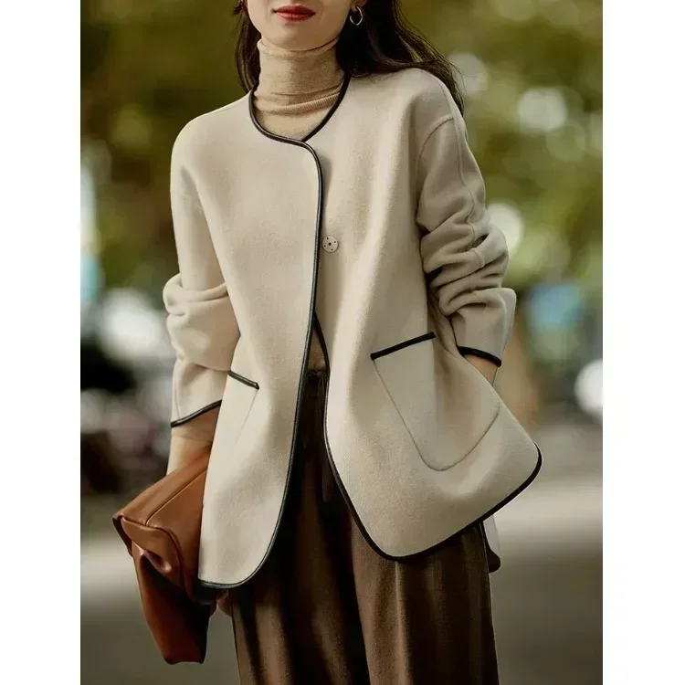 

Accent French chic sheep imitation leather hemming double-sided woolen silk wool coat coat women