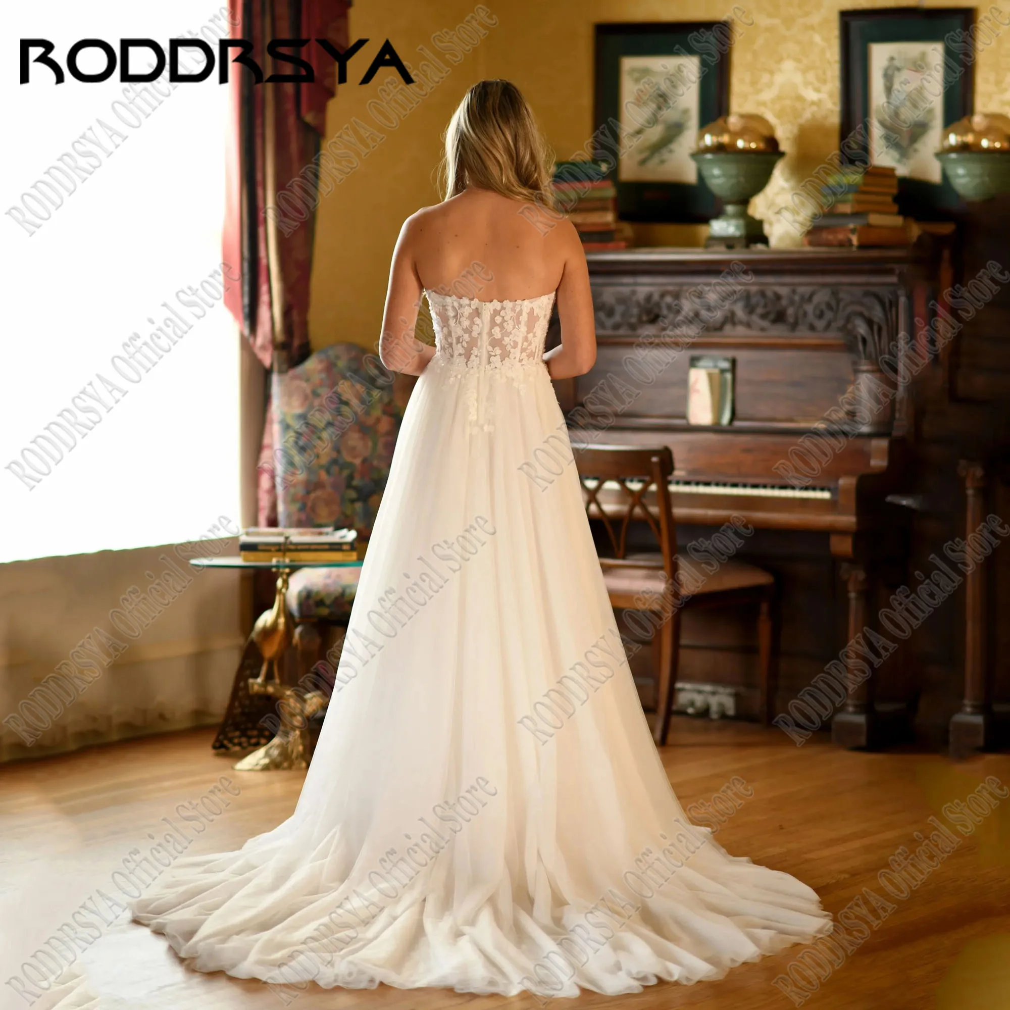 RODDRSYA-vestidos de novia de encaje sin tirantes, traje de boda con manga desmontable, apliques de línea A, personalizadoRoddrsya playa sin tirantes encaje postre de boda manga desmontable calcomanía en forma de a ves