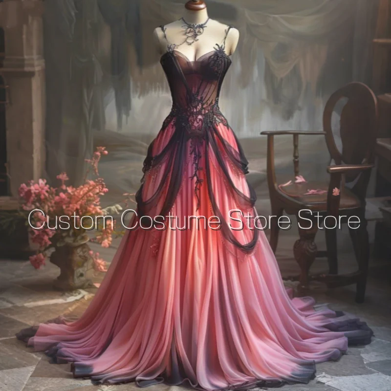 Personalizado vintage rosa gótico vitoriano vestido de casamento cinta de espaguete renda guarnição a linha plissado até o chão vestidos de noiva