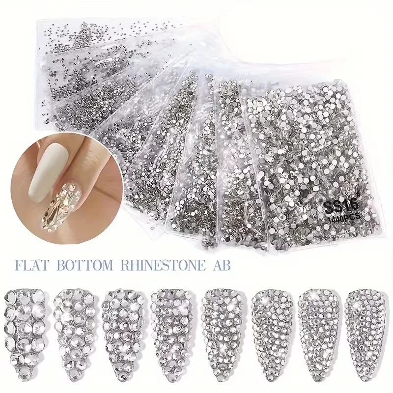 1440 pieces of flat-bottomed white diamond nail prongs for manicures