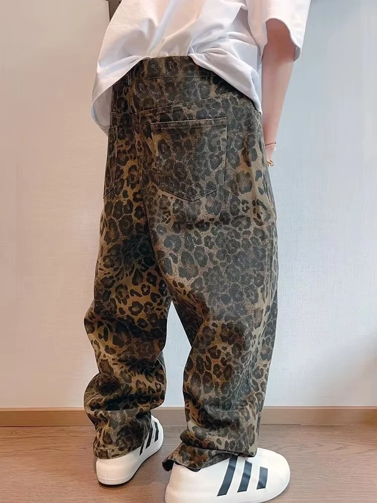 Jesienne spodnie jeansowe w panterkę Męskie spodnie jeansowe Oversize Spodnie z szerokimi nogawkami Streetwear Hip Hop Vintage Loose Casual Animal Print