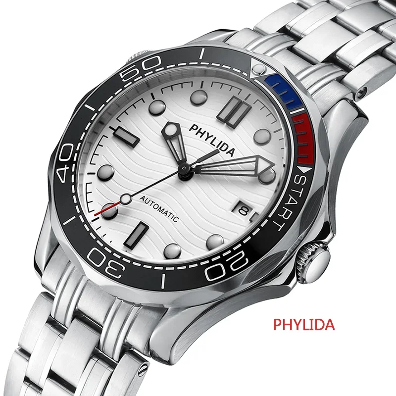 PHYLIDA 20BAR 200M Water Resistant White Dial JAPAN MIYOTA Automatic Watch DIVER200M Style Sapphire Crystal Solid Bracelet