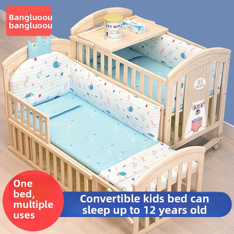 Jane Mei crib multifunctional bb crib solid wood unpainted cradle bed newborn crib children splicing bed