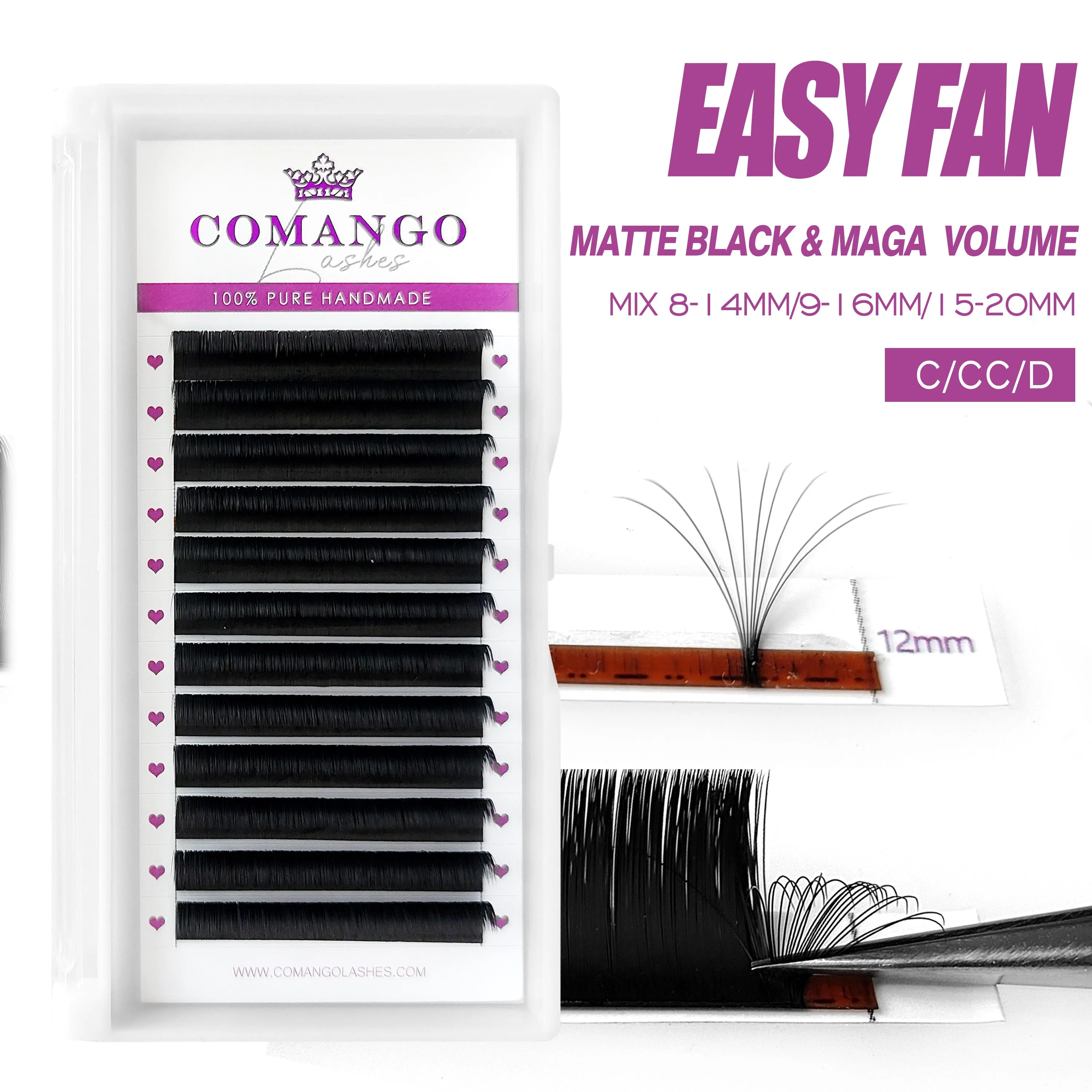 CoMango Luxury Matte Black 8-20mm Full Dense Easy Fans Soft Eyelash Extension Russian Volume Self-Fanning False Mink