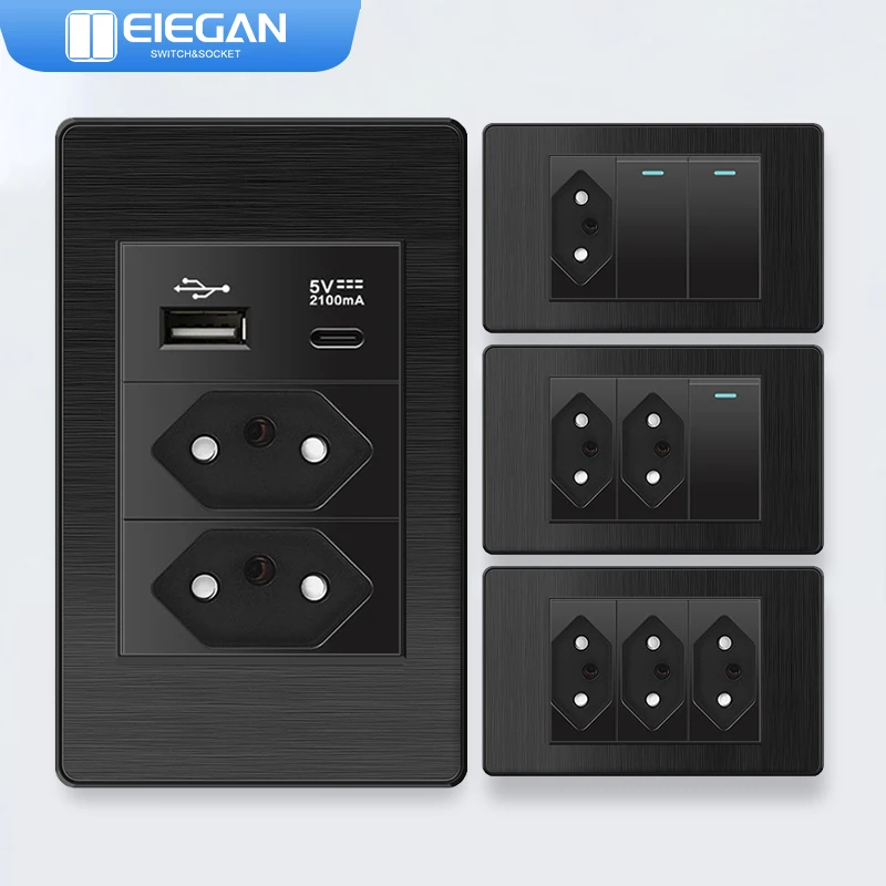 

ELEGAN Black Brazil PC Drawing Panel Standard Outlet Double USB Type C Wall Power Socket Light Switch Office 118*72mm 10A 20A