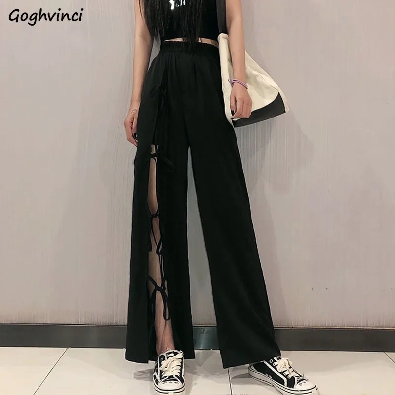 

Casual Pants Women Wide Leg Loose Drape Lace Up Designed Mopping Leisure Slit Streetwear Female Autumn Korean Style Chic