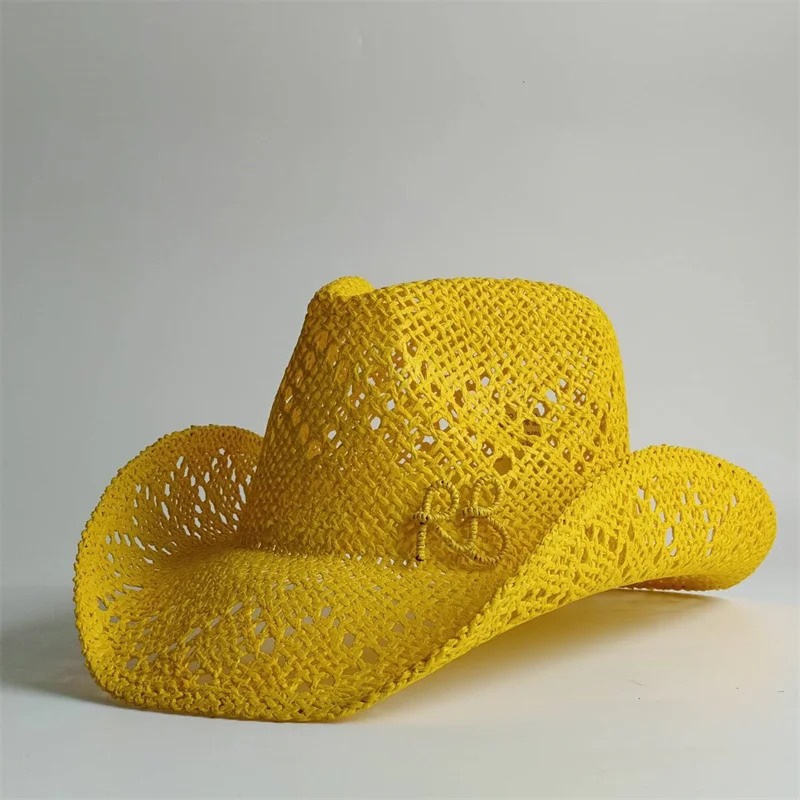 Gelber Western Cowboy Strohhut mit Schriftzug für Damen und Herren – Sommer Outdoor Urlaub Strand Sonnenhut für Frauen – Sombrero