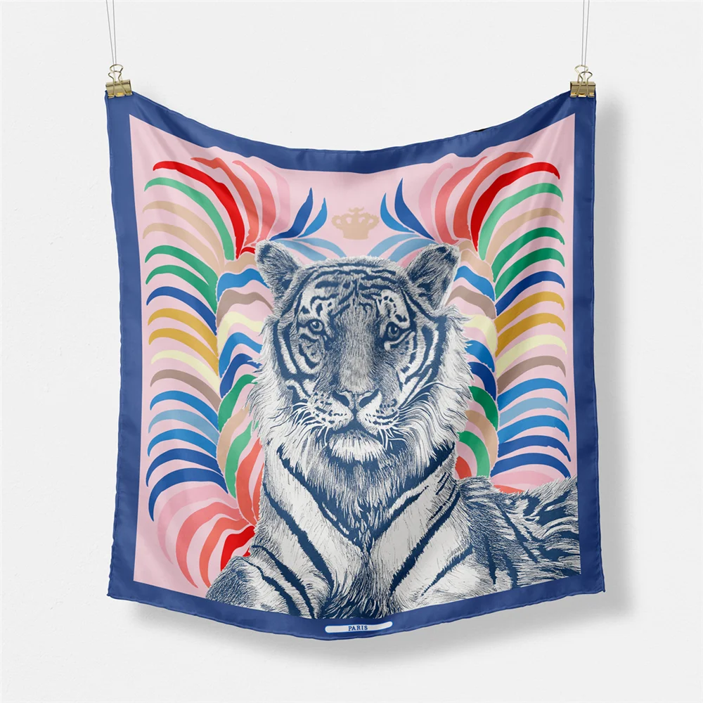 

Twill Silk Scarf Women Indian Tiger Print Square Scarves Wraps Bandana Small Hijabs Silk Foulards Tie Headband Neckerchief 53CM