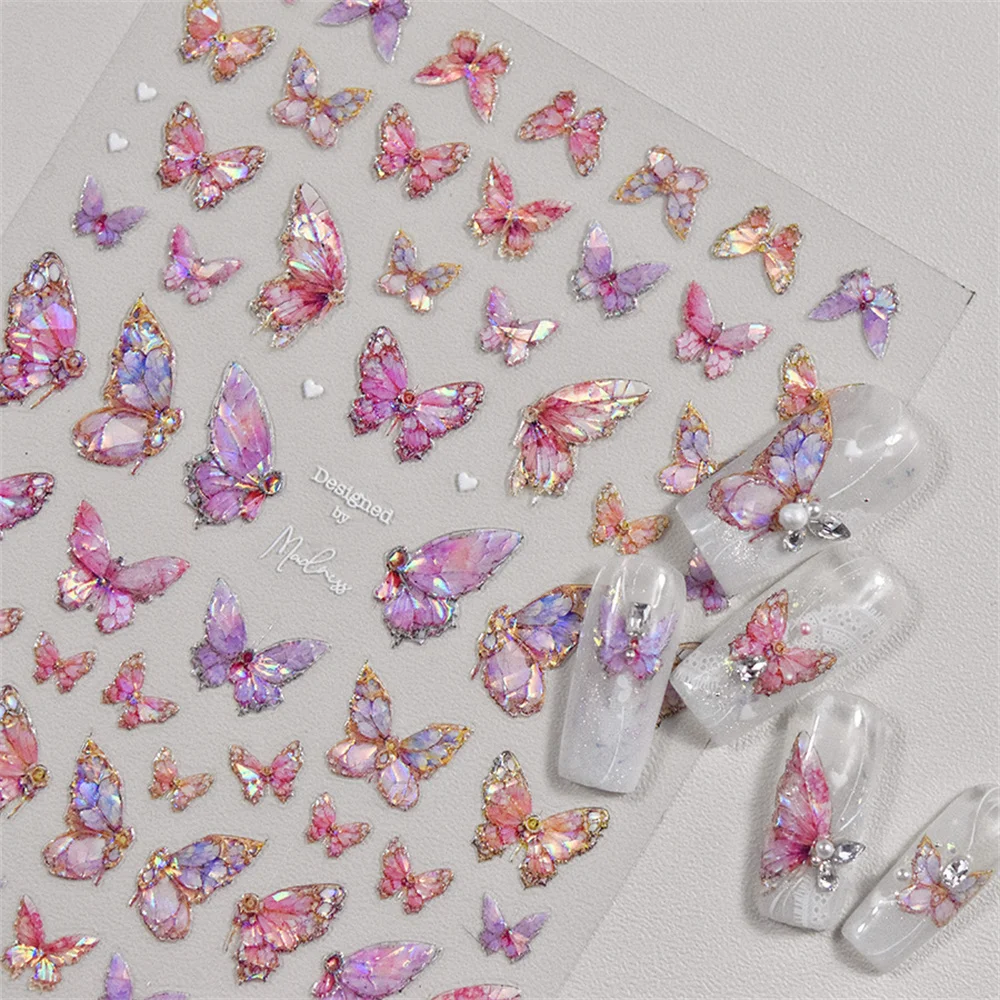 1pcs 5D Japanese Kawaii Butterfly Nail Stickers Luxury Glitter Shell Aurora Nail Art Decorations Decals DIY Manicure Slider Foil