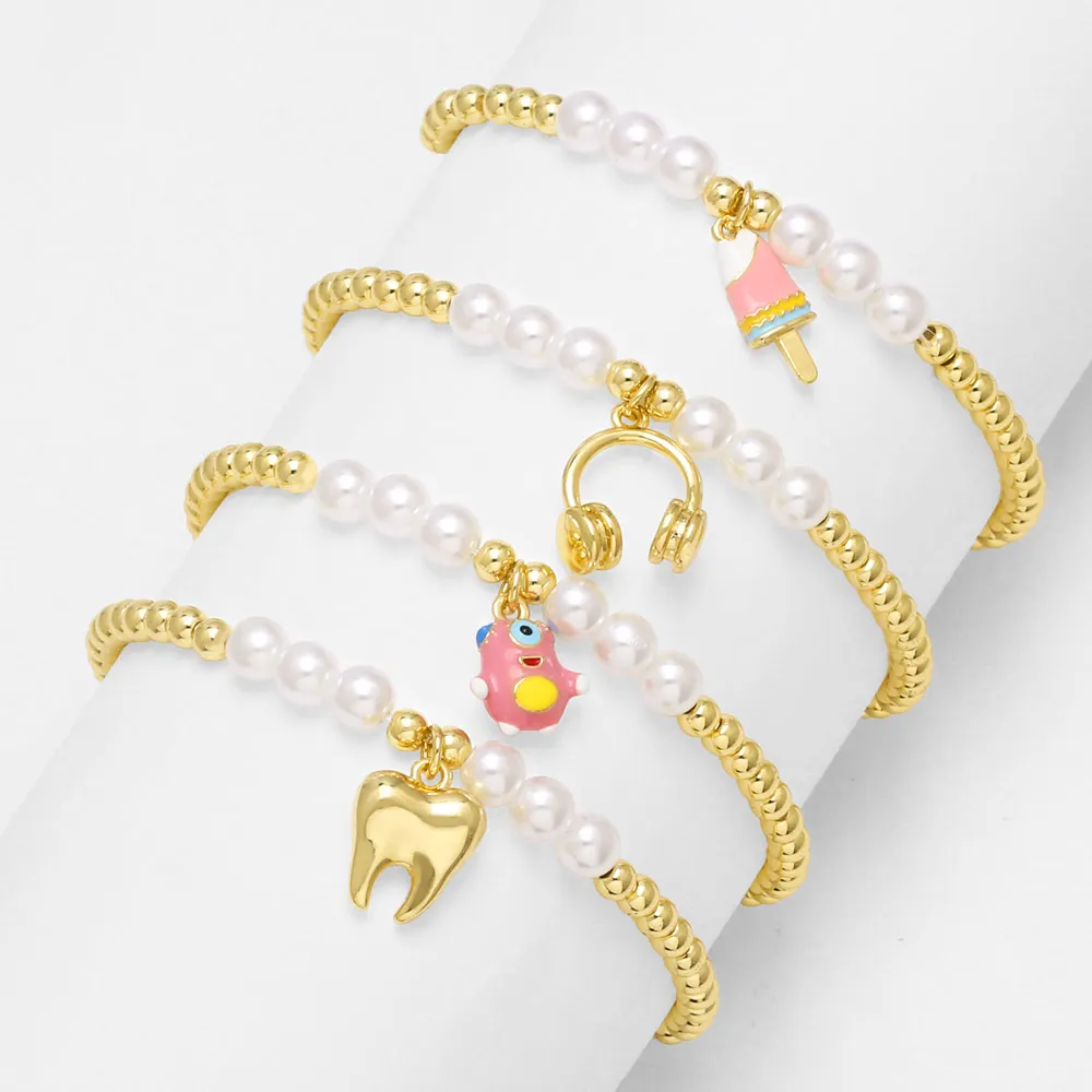 FLOLA Beaded Chain Teeth Bracelets for Women Gold Plated Headphone Bracelets Simple Jewelry Gifts brth07