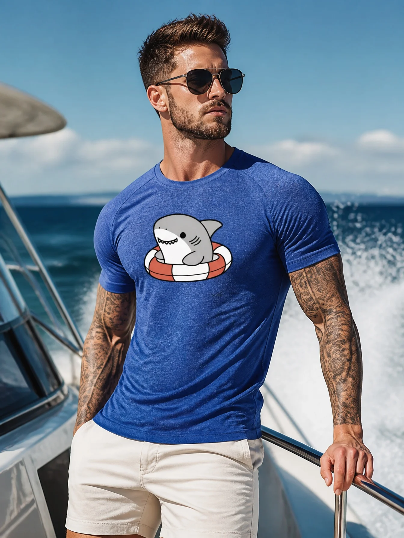 Swim Ring Fish Cartoon Print Men's Microfiber T-Shirt, Ultra-Stretch Outdoor Fitness Wear, Casual Sports Men's Short Sleeve
