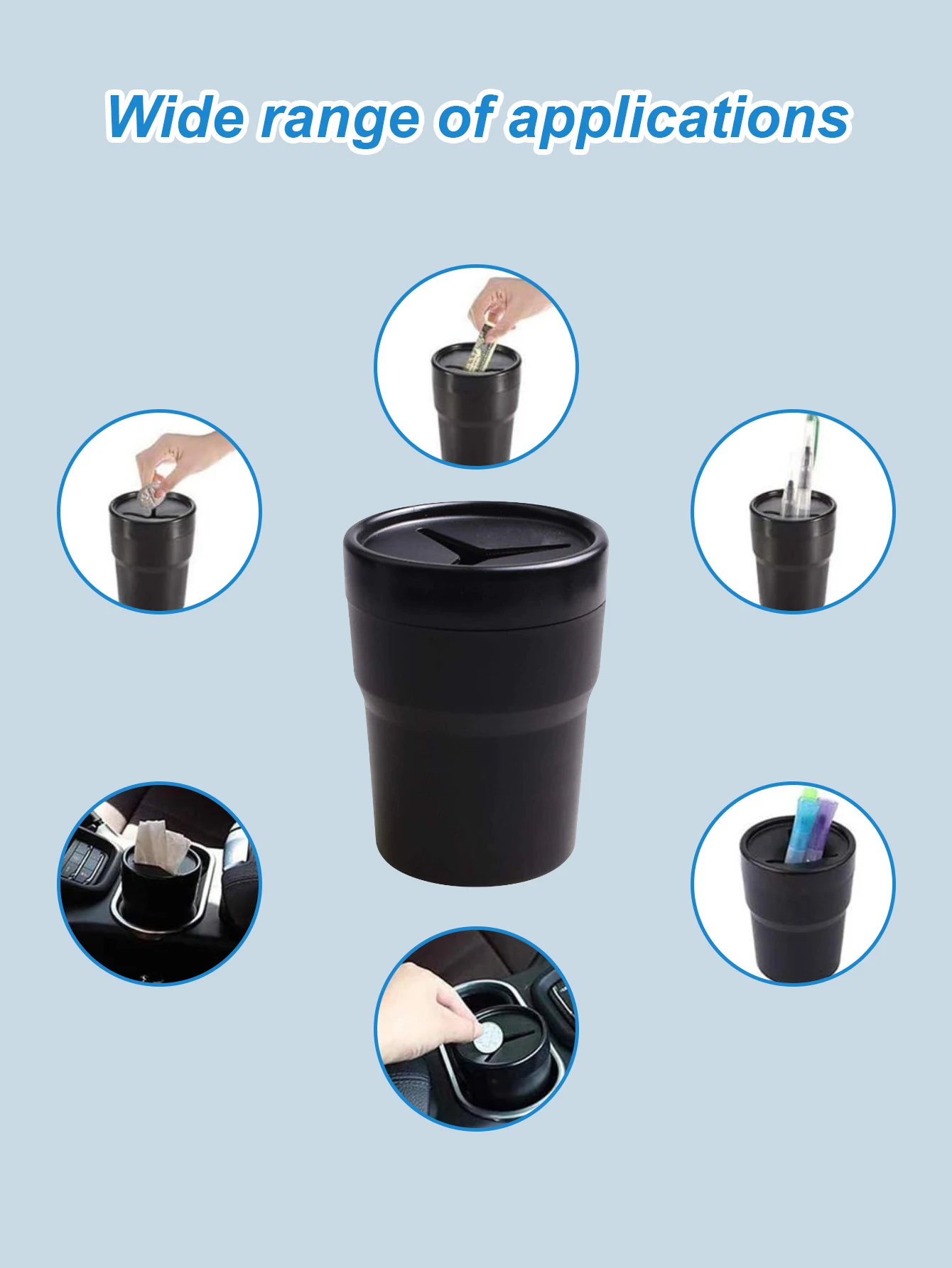 Mini lata de lixo para carro com tampa – suporte de copo compacto para carros, tampa macia aberta, design fácil de limpar com I removível