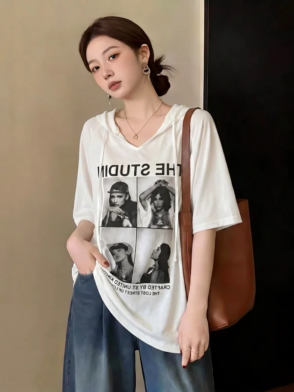 

Summer New plus Size Women's Hoodie Sweatshirt Short Sleeve Commute Style Loose Fit T-Shirt Korean Version Big Version