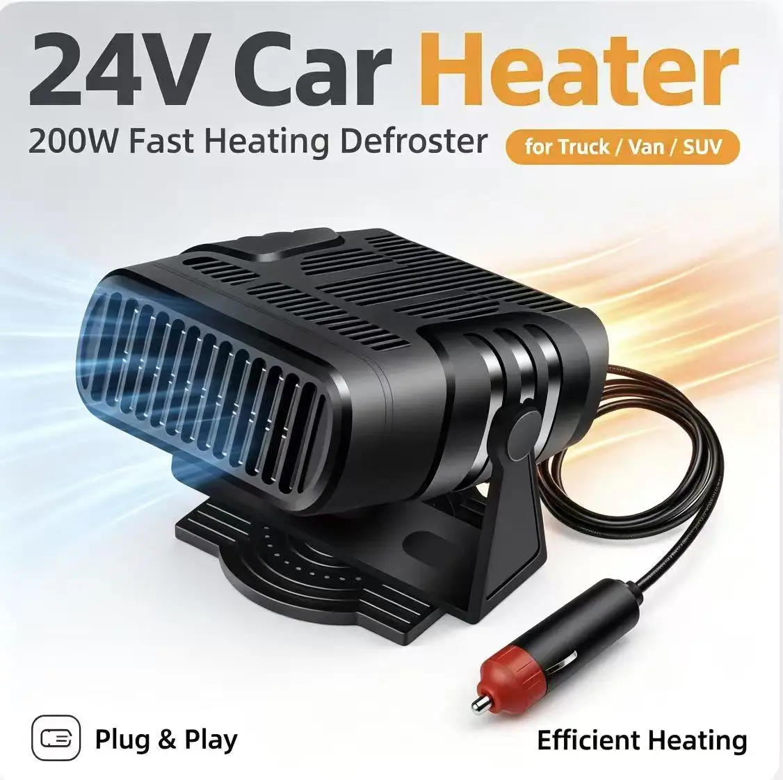 24V 200W Portable Car Heater Fast Heating Windshield Defroster Demister 360° Rotatable Heating Fan for Truck Van SUV