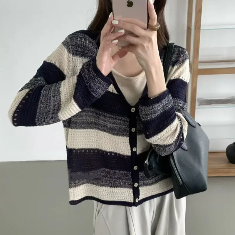 Korean Style Color Block V-Neck Knitted Loose Slimming Top Women's Casual Fashion Autumn 2026 plus Size Stripe Patterned Two-...