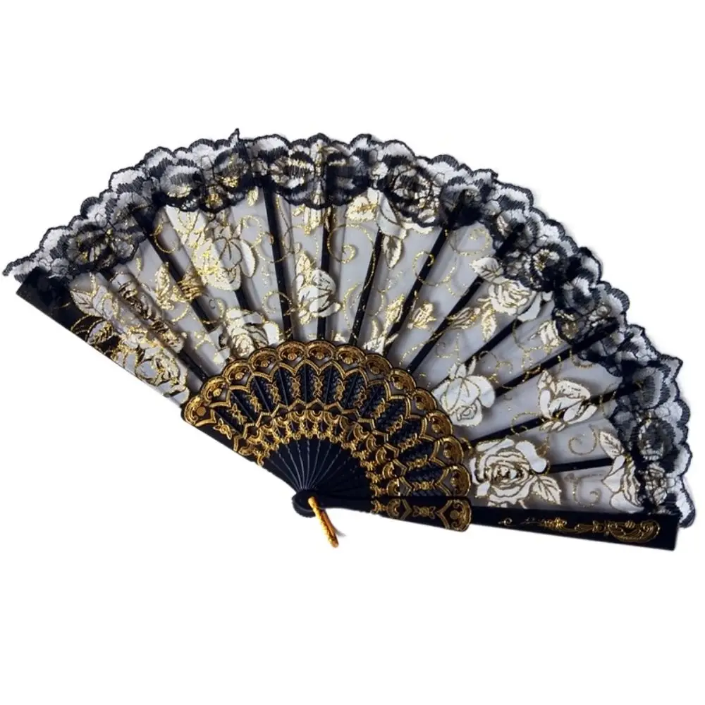 Ornaments Handheld Ladies Lace Hand Fan Translucent Plastic Handle Folding Fan Rose Pattern Spanish Fan Gift