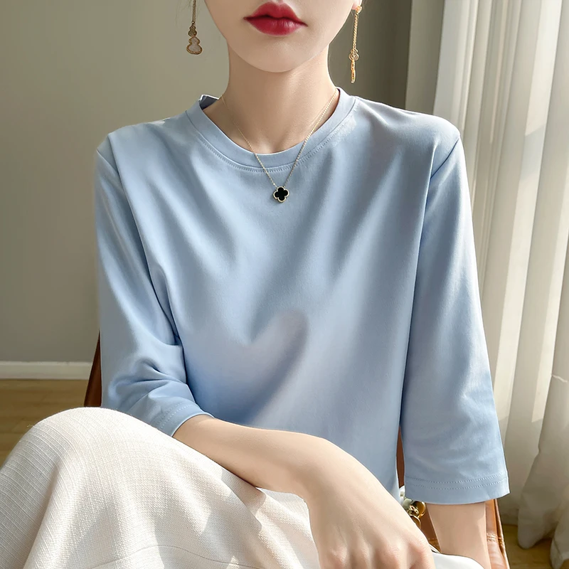 Summer Cotton Short-Sleeved T-Shirt Women's Round Neck Seven-Point Sleeves Loose Mercerized Cotton Half-Sleeve Shirt New T-shirt image 4