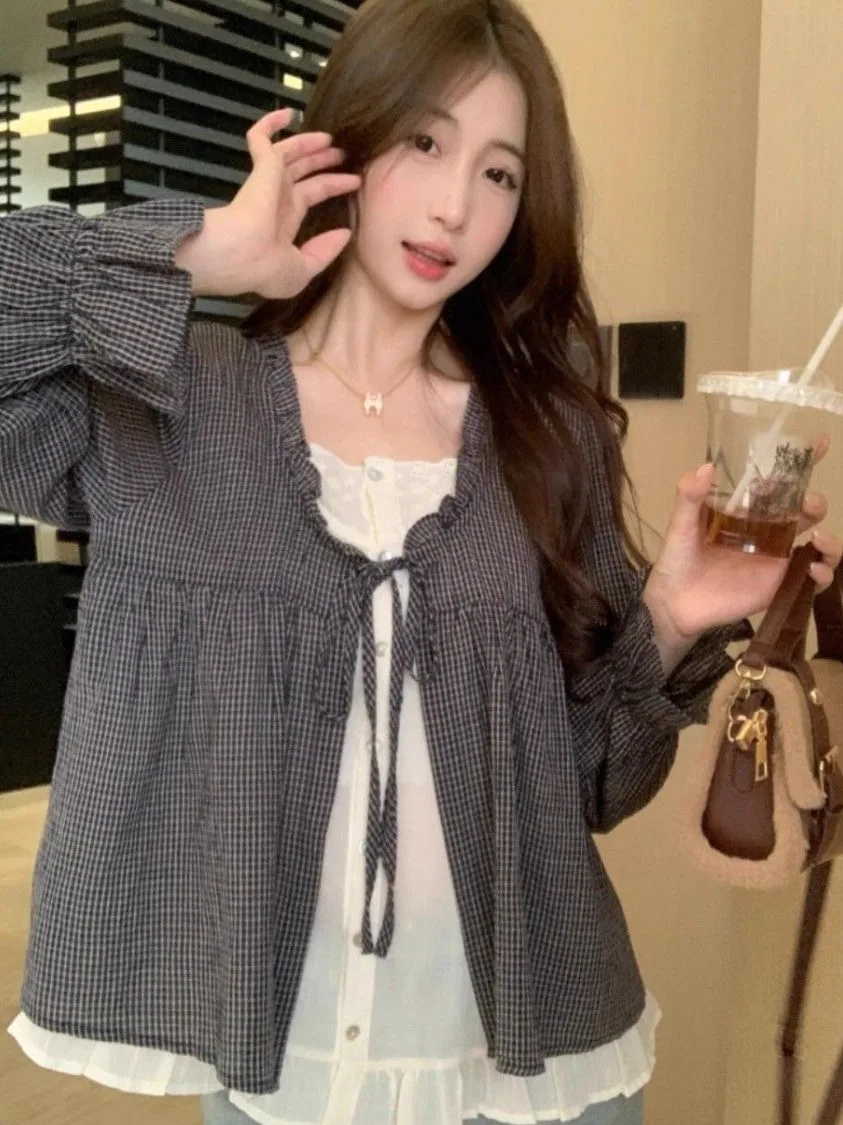 Csa falsa de dos piezas con cinturón para mujer, estilo coreano, hoada, de manga larga y cuello en V, diseño nuevo de pr...