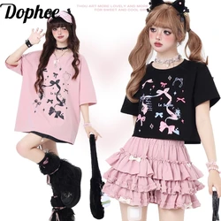 Dophee Original Summer Women Short Sleeve Tees Cute Bow Print Mid-long Pullover Top O-neck Spice Girls Y2k Cotton Crop T-shiirt