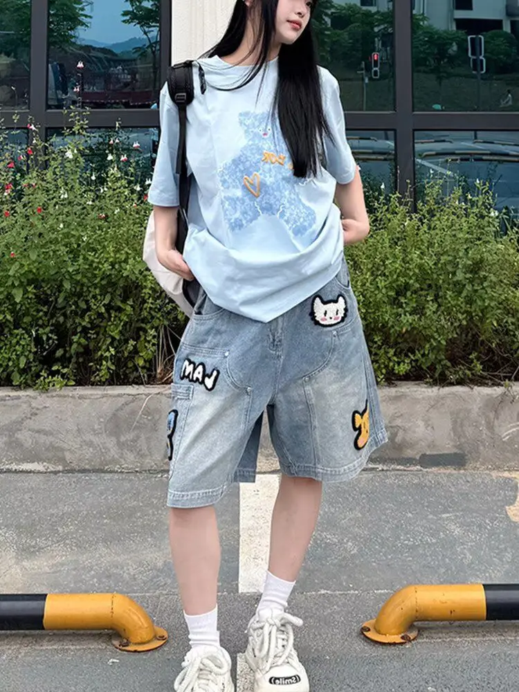 Summer Women's Cute Pattern Embroidered Denim Shorts Knee Length Trousers Female Young Girls Mini Streetwear High Waist Pants