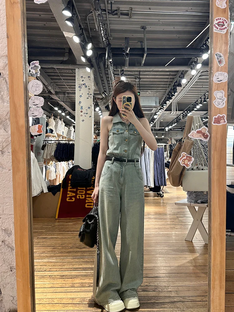 

Meme Mengmeng Women's Summer High Waist Long Pants Jumpsuit Denim Waed Svel Waist in Workwear Sle Cotton Blend