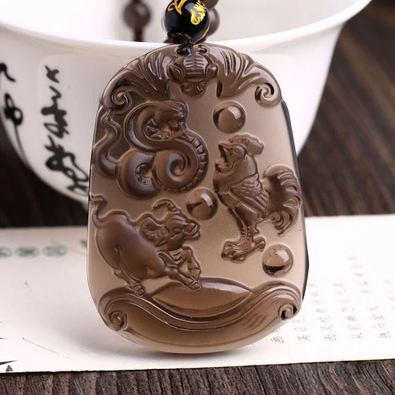 Natural Ice Obsidian Hand Carved Rat Dragon Monkey Pendant Boutique Jewelry Men's and Women's 12 Zodiac Three In One Necklace