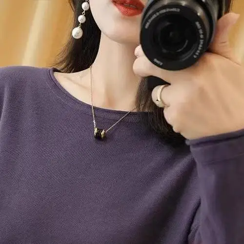 Autumn Pure Cotton Knitted Sweater Women's round Neck Cuffed Loose Large Size Base Sweater Full Cotton Shoulder Drop Top
