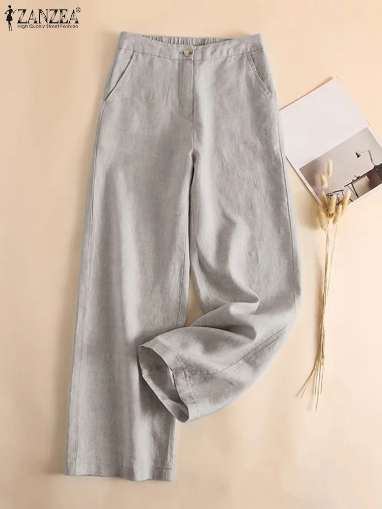 

Female Cotton Long Pant Summer Wide Leg Trousers ZANZEA Women Elastic Waist Solid Office Palazzo Elegant OL Work Pant Oversize