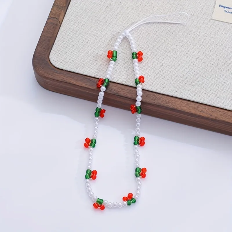Fashion Cherry Beaded Phone Charm Chain Imitation Pearl For iPhone Accessories For Women Girl Jewelry Strap Lanyard Hanging Cord