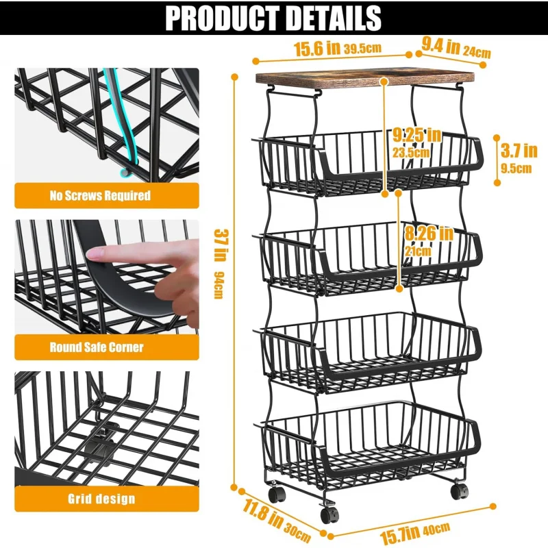 سلة خضروات فواكه للمطبخ، سلال تخزين خضروات فواكه قابلة للتكديس، سلال تنظيم سلة تخزين الأسلاك المعدنية