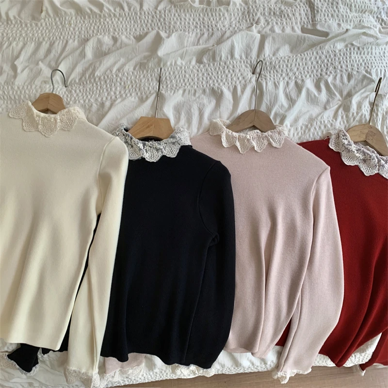 ربيع الخريف الدانتيل المرقعة الياقة المدورة تريكو المرأة تي شيرت 2025 جديد طويل الأكمام الكورية عادية أسفل محبوك القمم الإناث