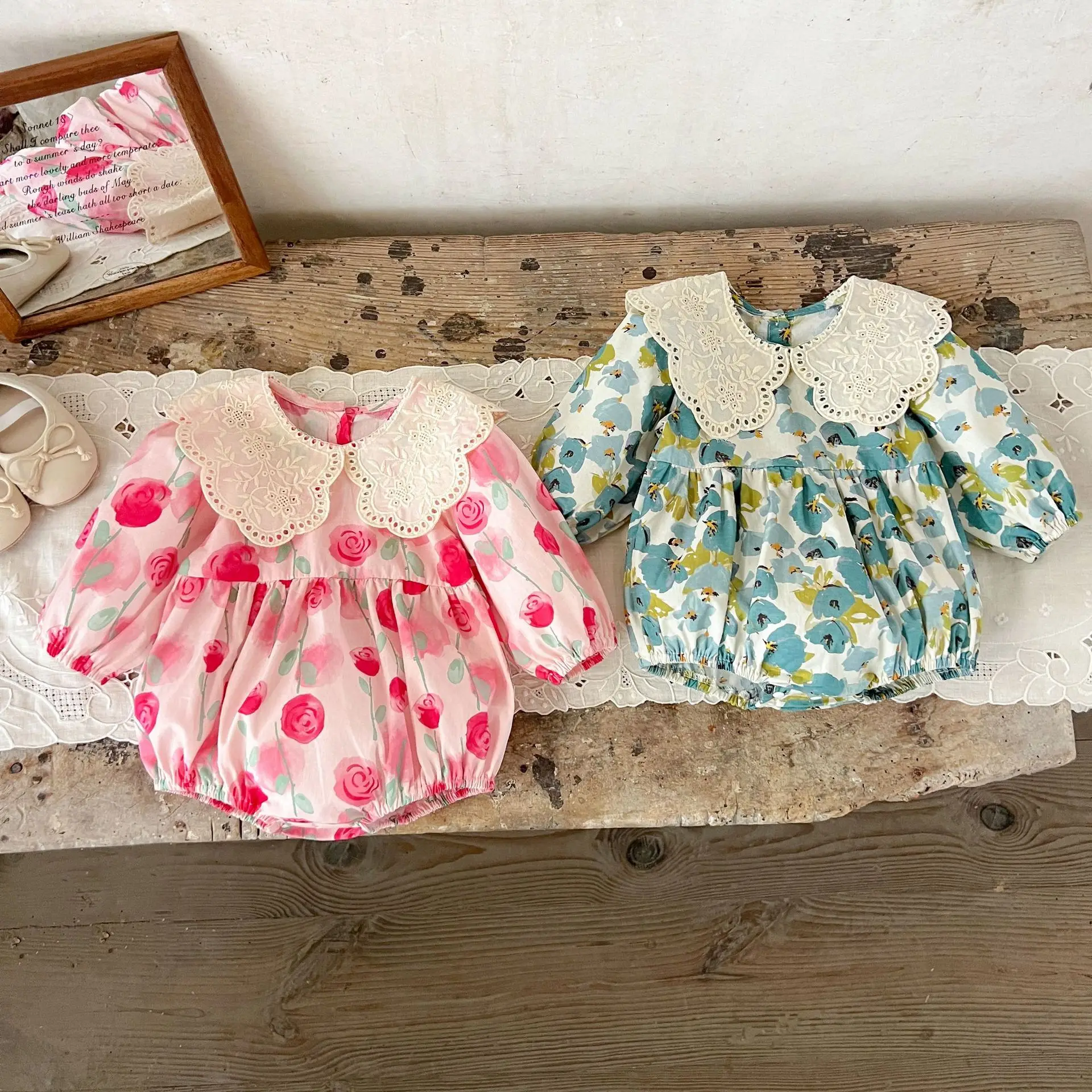 Girls' and Babies' Clothing Cotton Printed Lace Lapel Jumpsuit, Loose and Casual for Spring and Autumn