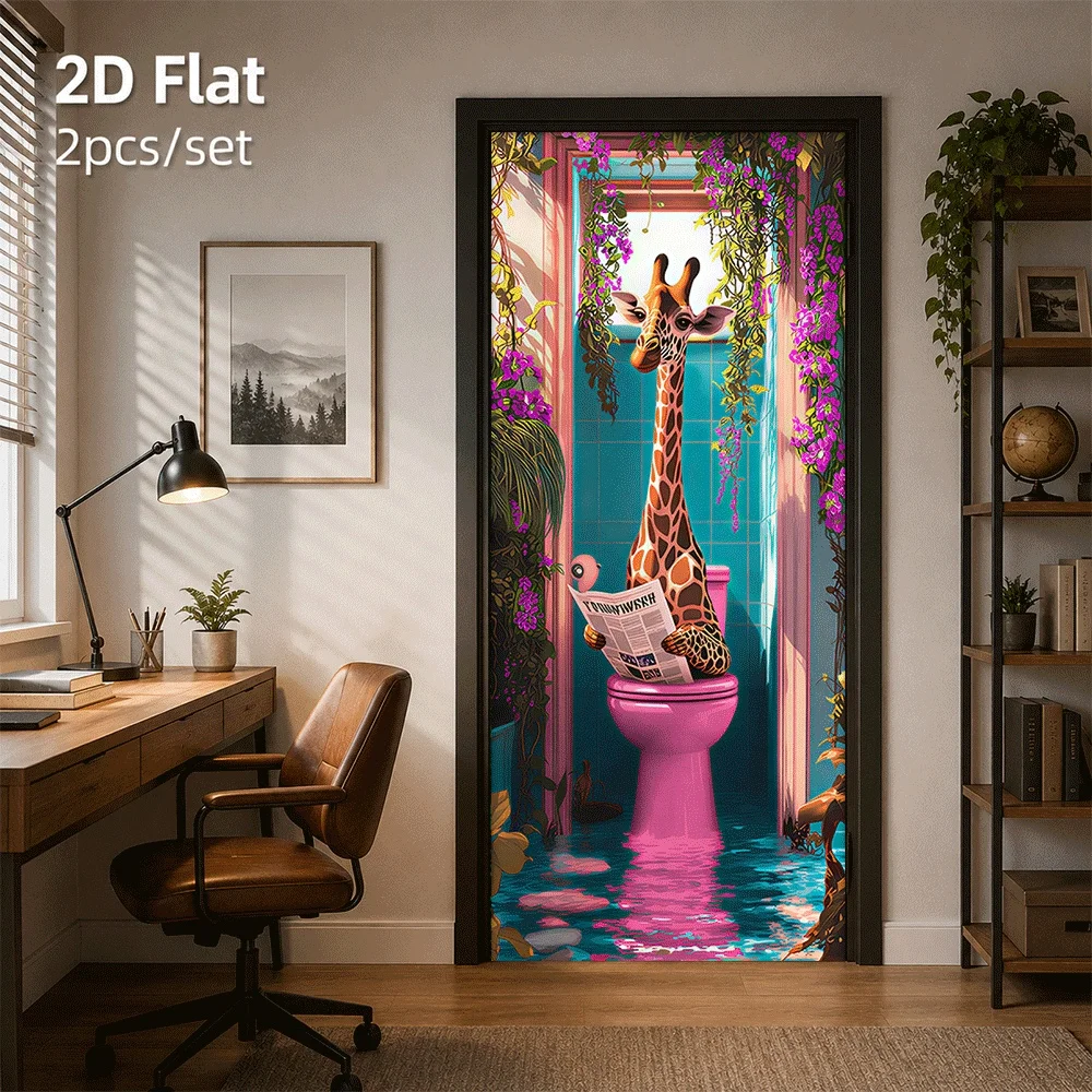 1 creative giraffe bathroom door sticker with fun toilet reading pattern suitable for entrance wall sticker 2D flat