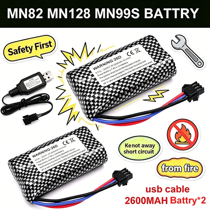 7.4V 2600mah Battery Charger MN82 Remote Control Car Battery MN128 MN78 LC79 for Watch Gesture Sensing Twisted RC stunt car SM3p