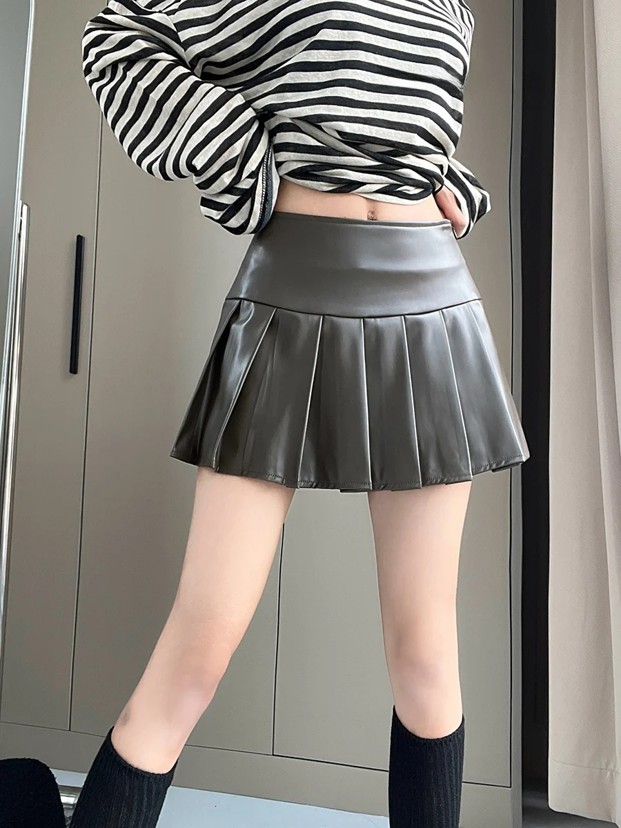 Pure Desire Sexy Girl High Waist Slimming Anti-Light Pleated Short Skirt Women's PU Belted Safety Pants Sexy  Skirt