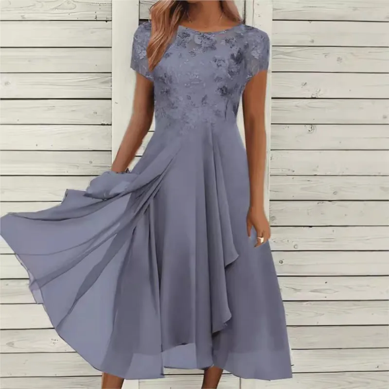 Novo 2025 vestido de renda feminino para festa elegante vestido de noiva plus size jóia pescoço na altura do joelho chiffon renda longo vestido de festa