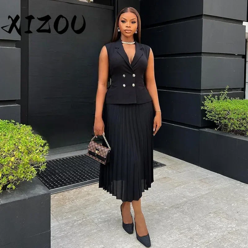 XIZOU Two Piece Skirt Sets Elegant Outfits Women Double Breasted Blazer Top + Pleated Midi Skirts Suit OL Office Lady Clothing