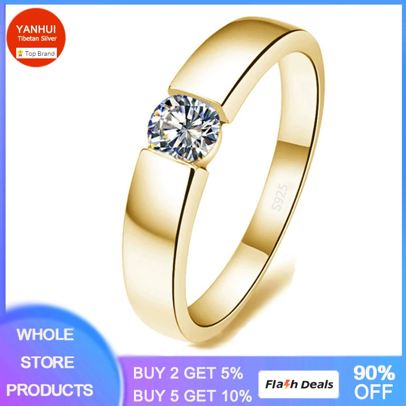Fine Yellow Gold Color Prevent Allergy Tibetan Silver Ring Good Quality Cubic Zircon Ring Wedding Band Jewelry for Men and Women