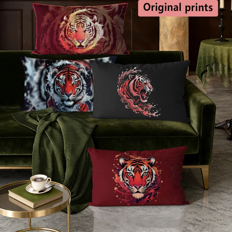 Vintage-Kissenbezüge mit rotem Tiger-Print, geeignet für Sofa, Schlafzimmer, Auto, Kissenbezug, rechteckiges Rückenkissen