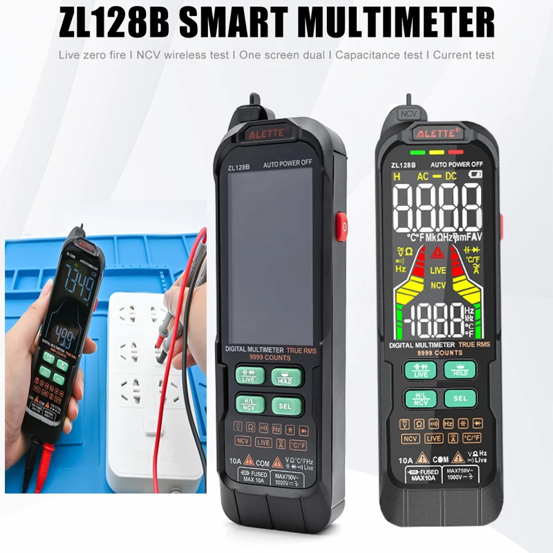 

Profesional Digital Smart Multimeter 9999 Counts T-RMS AC DC Current Voltage Detector Capacitance Temp Auto Range NCV Multimeter