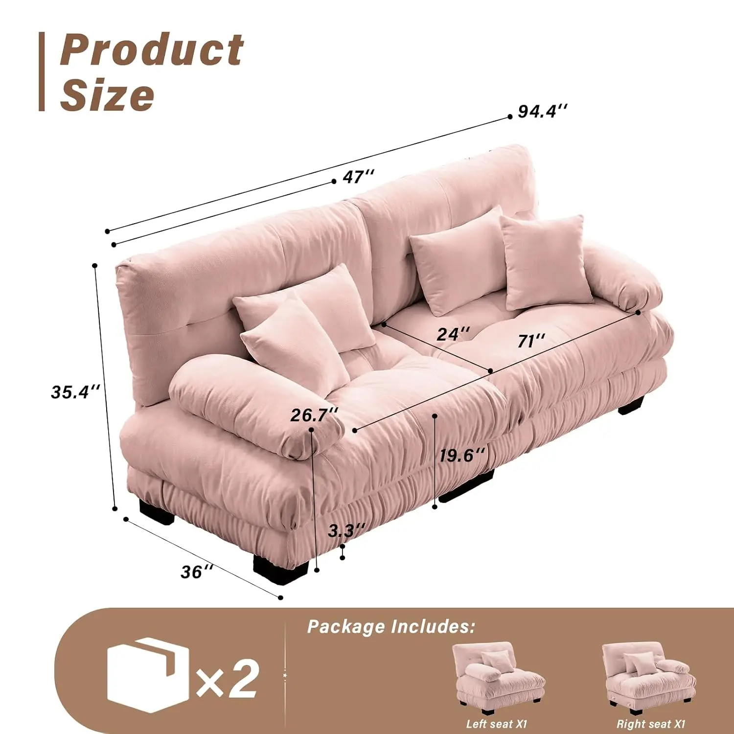 Oversized Modular Loveseat Cloud Sofa with Overthick Cushion & Pillows for Living Room Home Theater Apartment, 94.4