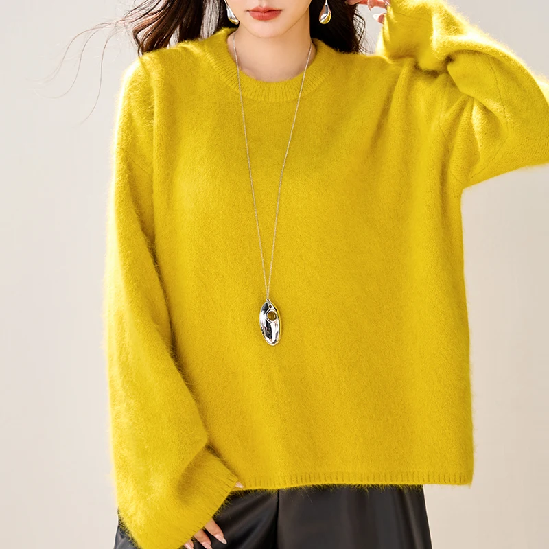 Suéter amarillo holgado informal de gran tamaño para mujer, jerséis suaves de manga larga, prendas de punto elegantes a la moda para Otoño e Invierno, Top de punto a la moda