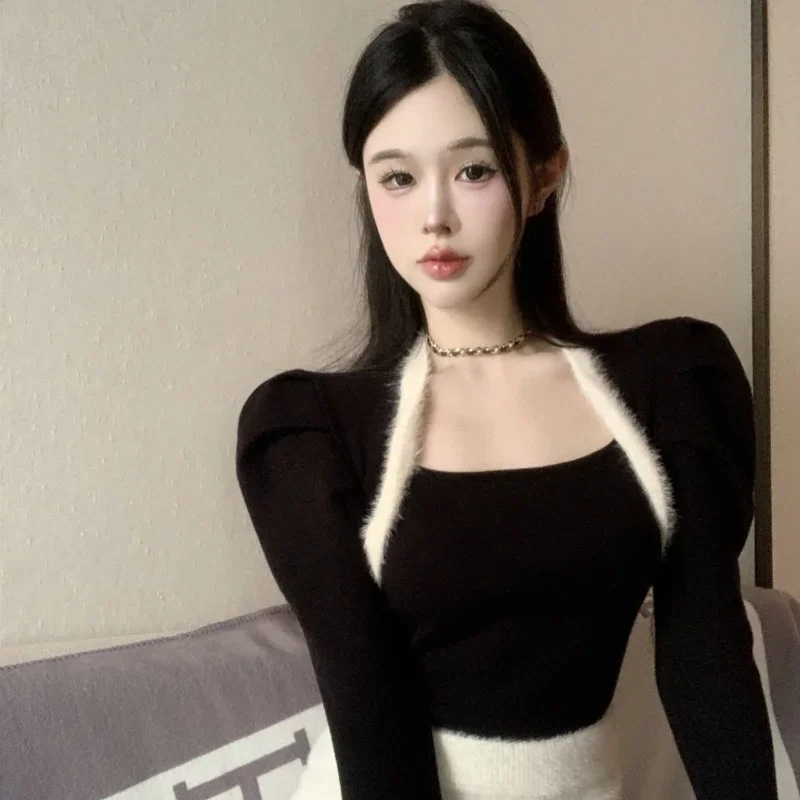 Jumper Sueter Mujer Vintage Cropped Black Sweaters Women Puff Sleeve Slim Pullover Short Square Sweater Top Knitwear Spring