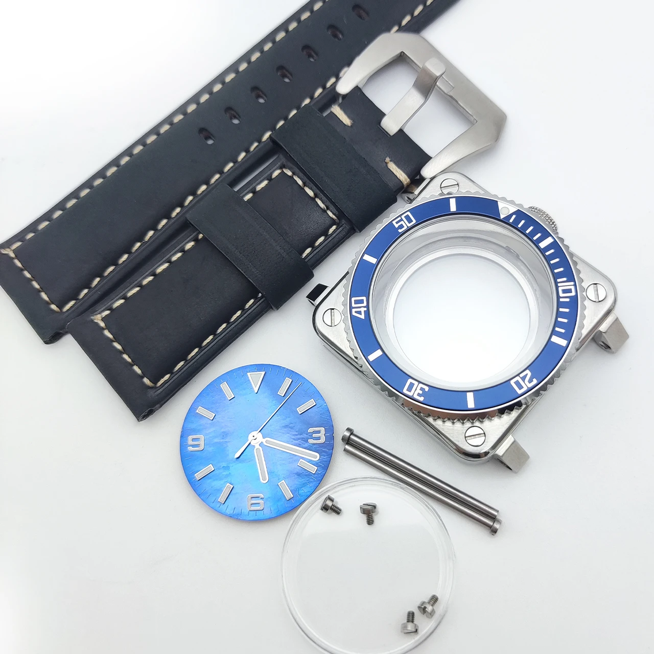 42mm Square NH35 Men's Watch Set with Blue Mother of Pearl Dial, Aluminum Bezel Sapphire Crystal Exhibition Back Leather Strap