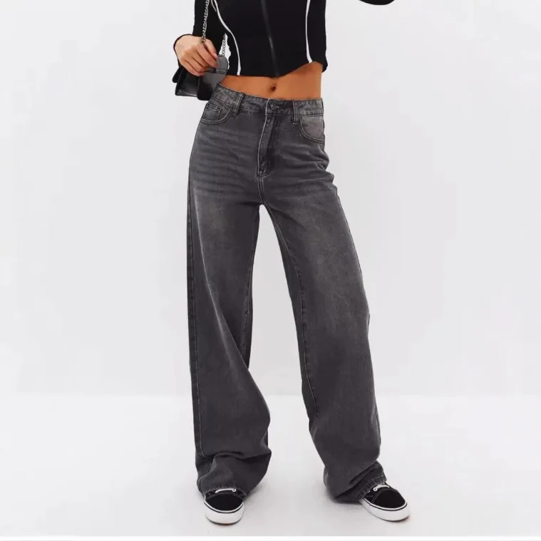 Korean Vintage High Waist Women's Jeans Y2K Slimming Pear-Shaped Loose Straight Bell Bottoms Black Gray Baggy Denim Trousers