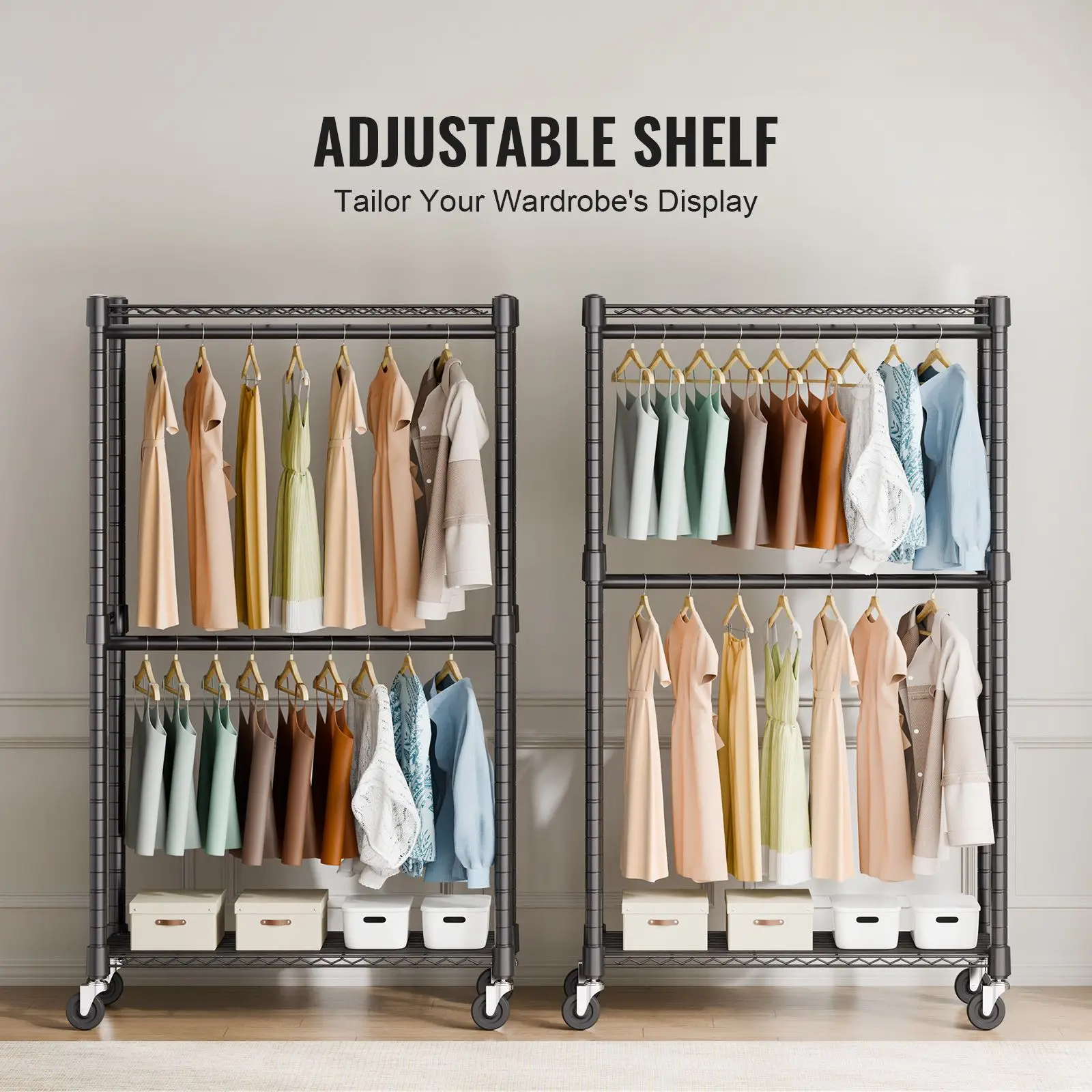 Heavy Duty Clothes Rack, Double Hanging Rods Clothing Garment Rack with Bottom and Top Storage Tier, Rolling Clothing Rack for H