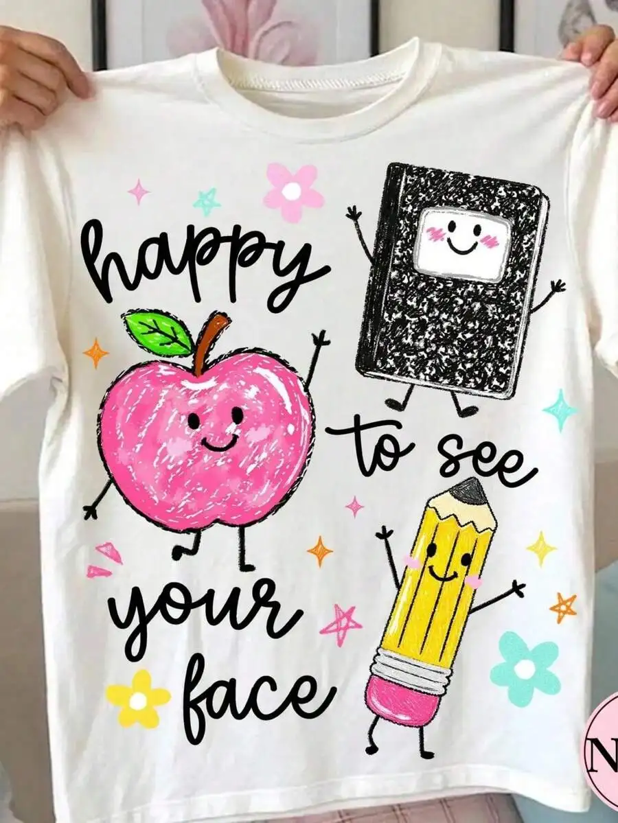 Happy To See Your Face Teacher T-Shirt Women School Apple Pencil Graphic Tee Summer Vacation Cute Short Sleeve Crew Neck Top