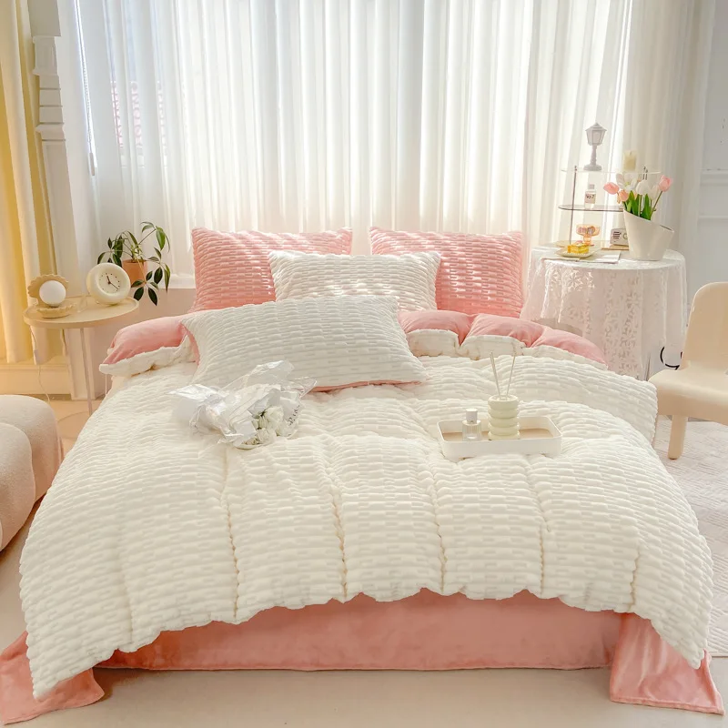 3/4pcs Modern Minimalist Solid Color Autumn/winter Thick and Warm Candy Colored Rabbit Fur Duvet Cover 1.2/1.5/1.8/2M