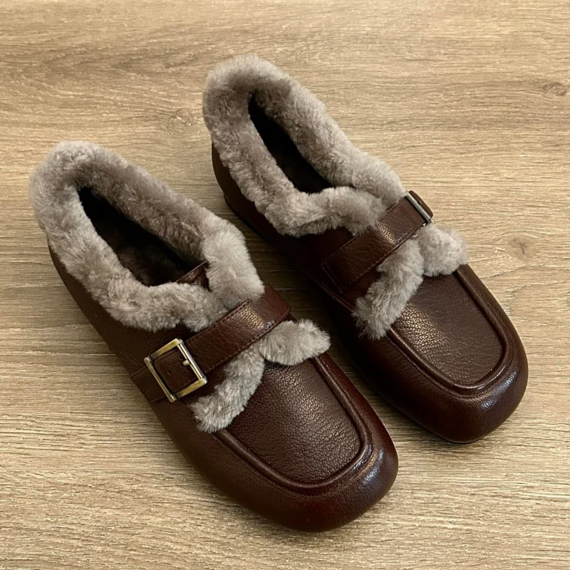 Retro Warm Women's Winter Fleece-lined Single Shoes Lambswool Round Toe Lace-up Loafers Shoes